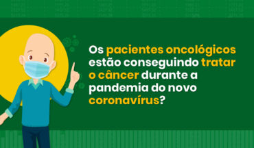 imagem ilustrativa de um paciente sem cabelos na cabeça e com máscara no rosto, posicionado do lado esquerdo da imagem, e à sua direita o texto escrito "Os pacientes oncológicos estão conseguindo tratar o câncer durante a pandemia do novo coronavírus?"