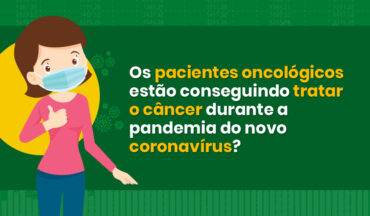 imagem ilustrativa de uma mulher com máscara no rosto, em representação à uma cuidadora, e à sua direita o texto escrito "Os pacientes oncológicos estão conseguindo tratar o câncer durante a pandemia do novo coronavírus?"