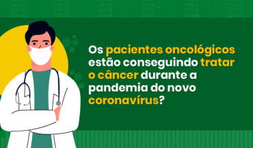 imagem ilustrativa de um profissional da saúde com jaleco, estetoscópio e máscara ao lado esquerdo, e no lado direito o texto escrito "Os pacientes oncológicos estão conseguindo tratar o câncer durante a pandemia do novo coronavírus?"