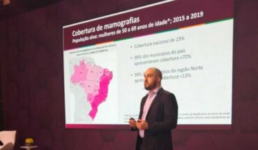 imagem de um dos palestrante a frente da apresentação sobre cobertura de mamografia no 7º congresso Todos Juntos contra o Câncer