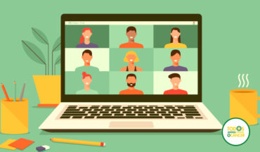 imagem de uma ilustração de um notebook com várias pessoas na tela em representação à uma reunião online